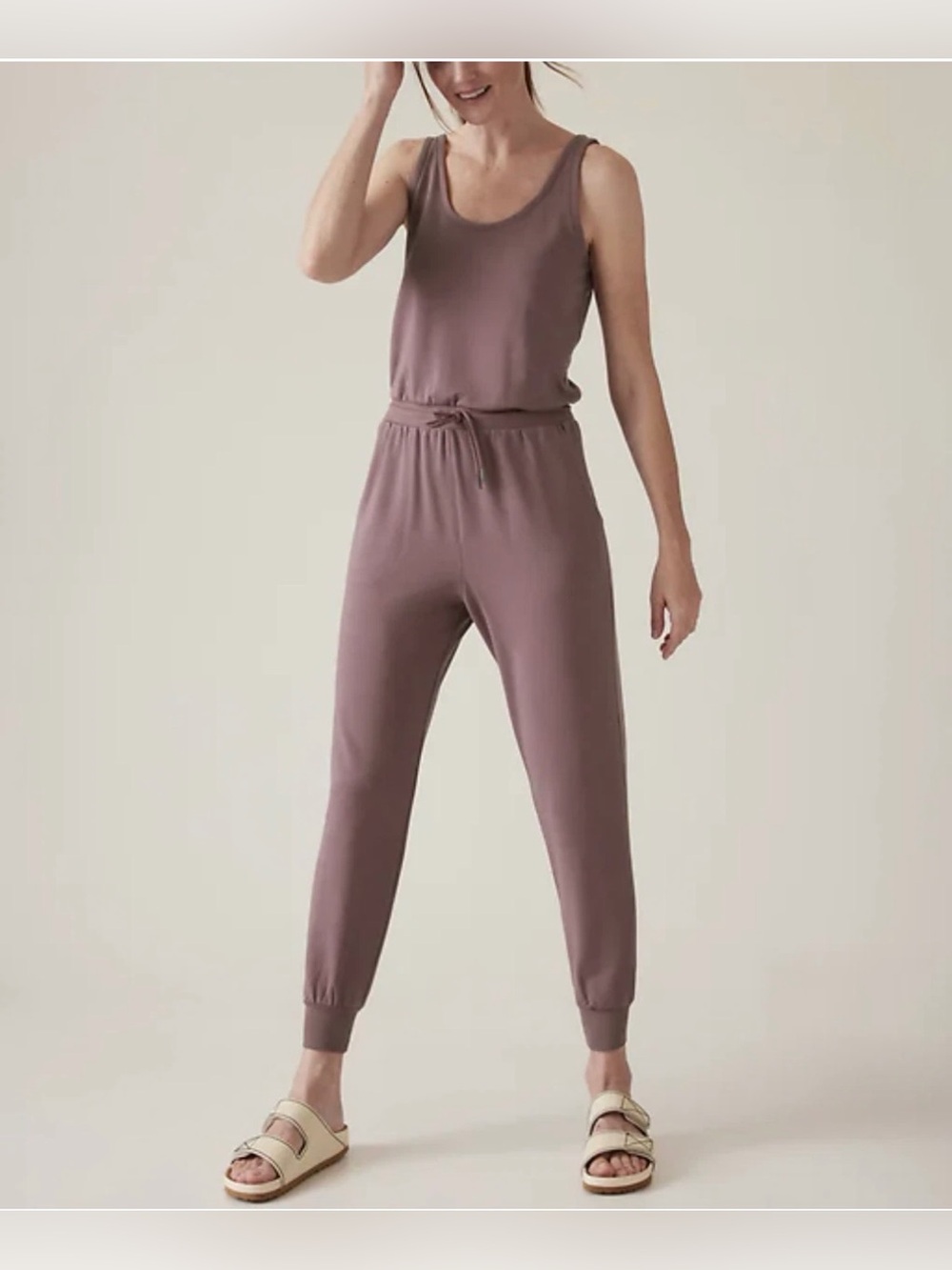 🌸 Athleta Dusty Mauve Sleeveless Drawstring Jogger Jumpsuit Size Large 🌸